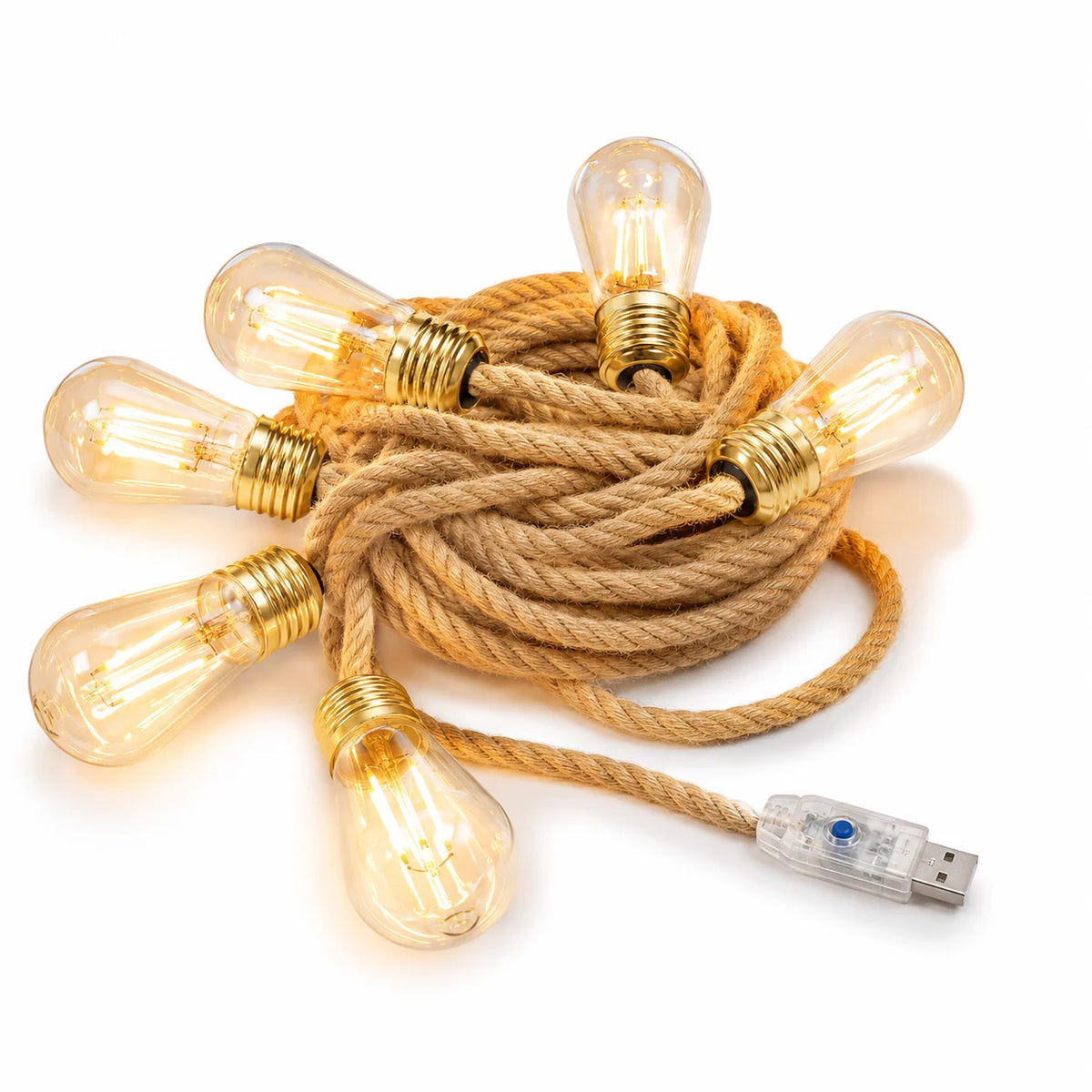 USB Hemp Rope Edison String Lights – Warm White 8/16/24 LED, 4m/6m/8m (13.1/19.7/26.2 ft), 8 Modes – Patio Porch Wedding Garden Decor