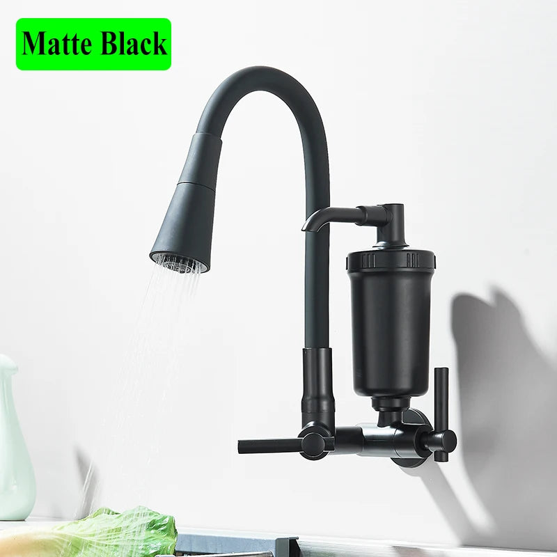 Wall-Mounted Pull-Out Kitchen Faucet with Built-In Filter — Chrome & Matte Black, Single Cold Water, Retractable Spout