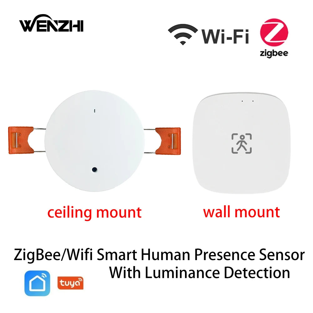 ZigBee WiFi mmWave Human Presence Sensor — Luminance & Distance Detection, AC 80–240V / USB 5V, Tuya Smart Life Compatible