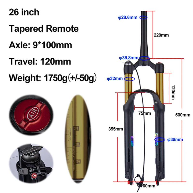 MTB Air Suspension Fork — 120mm Travel, Rebound Adjustable, 26/27.5/29 in, 9x100mm Quick Release, Disc Brake Compatible