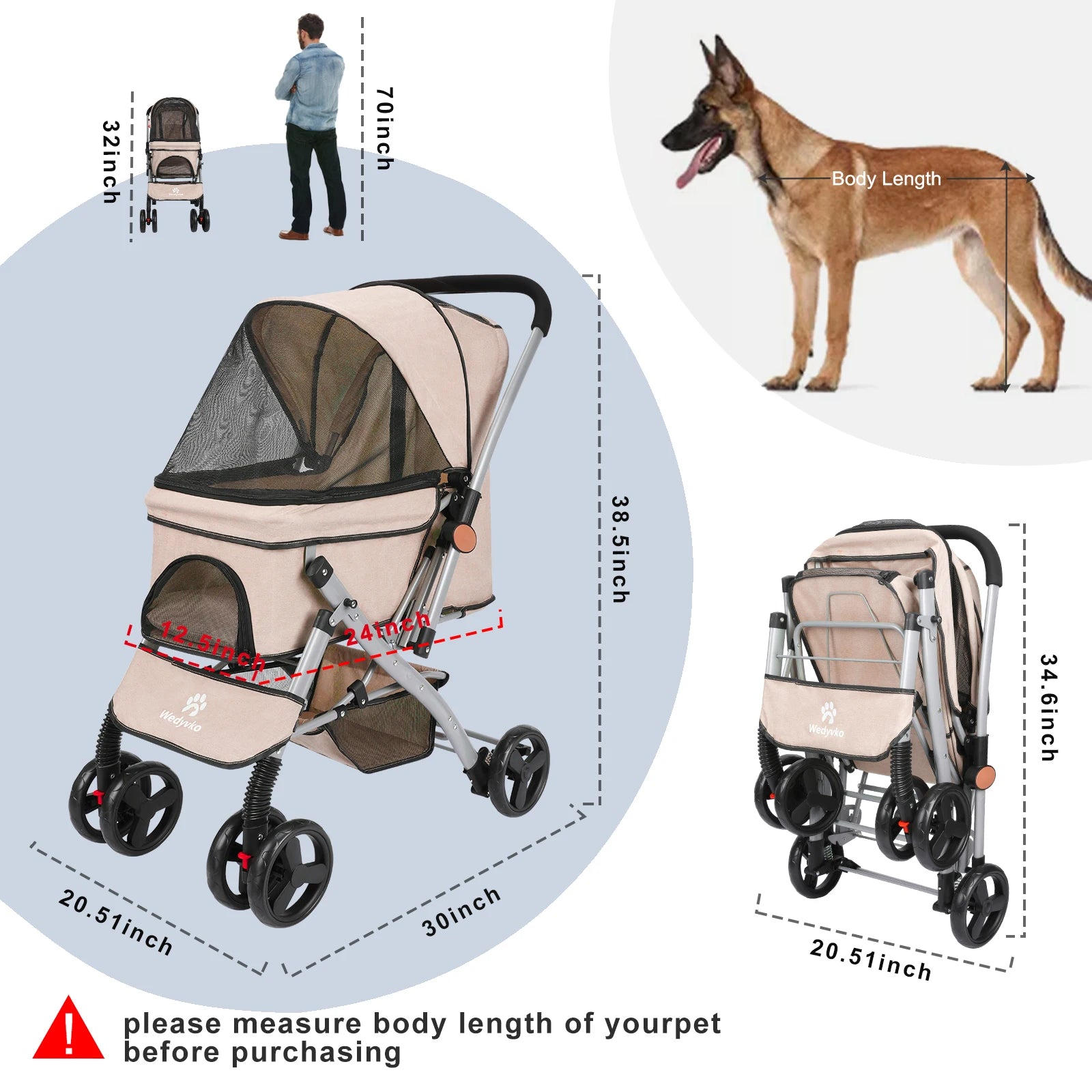 Foldable Pet Stroller for Cats and Dogs, Detachable Shock-Absorbing Travel Carrier, Easy Assembly, Dirt-Resistant