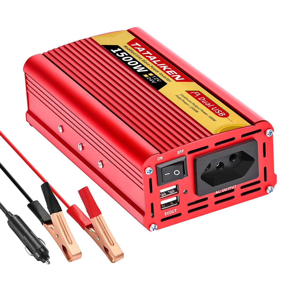 2000W Car Power Inverter 12V DC to 110V/220V AC 60Hz with Dual USB Quick Charge Adapter - Red