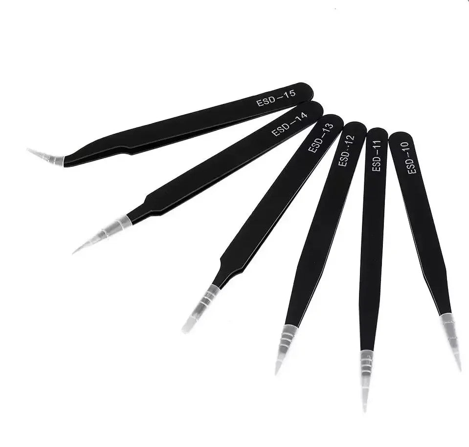 Antistatic Stainless Steel Precision Tweezers Set - 6-Piece Curved & Straight Tools for Electronics, Model Making & Repairs