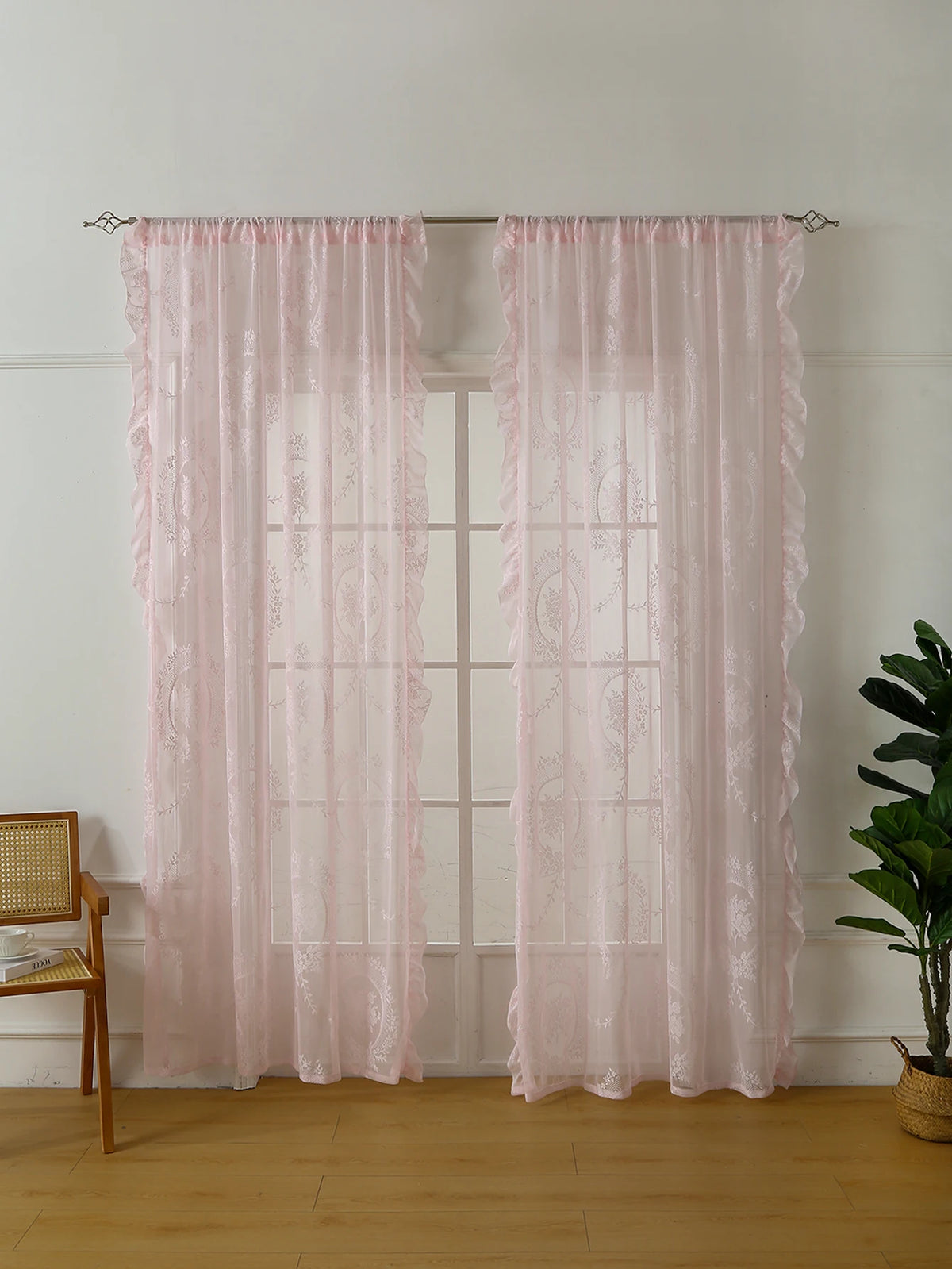 78-Inch (198 cm) Pink Lace Rod-Pocket Sheer Curtain – Floral Translucent Drapes for Girls Bedroom & Balcony