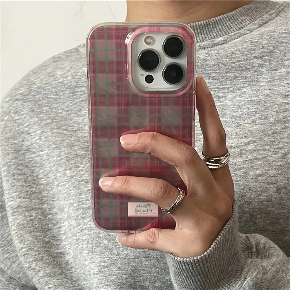 Dopamine Colorblock Plaid Full-Coverage Shockproof Phone Case – Patterned Protective Cover