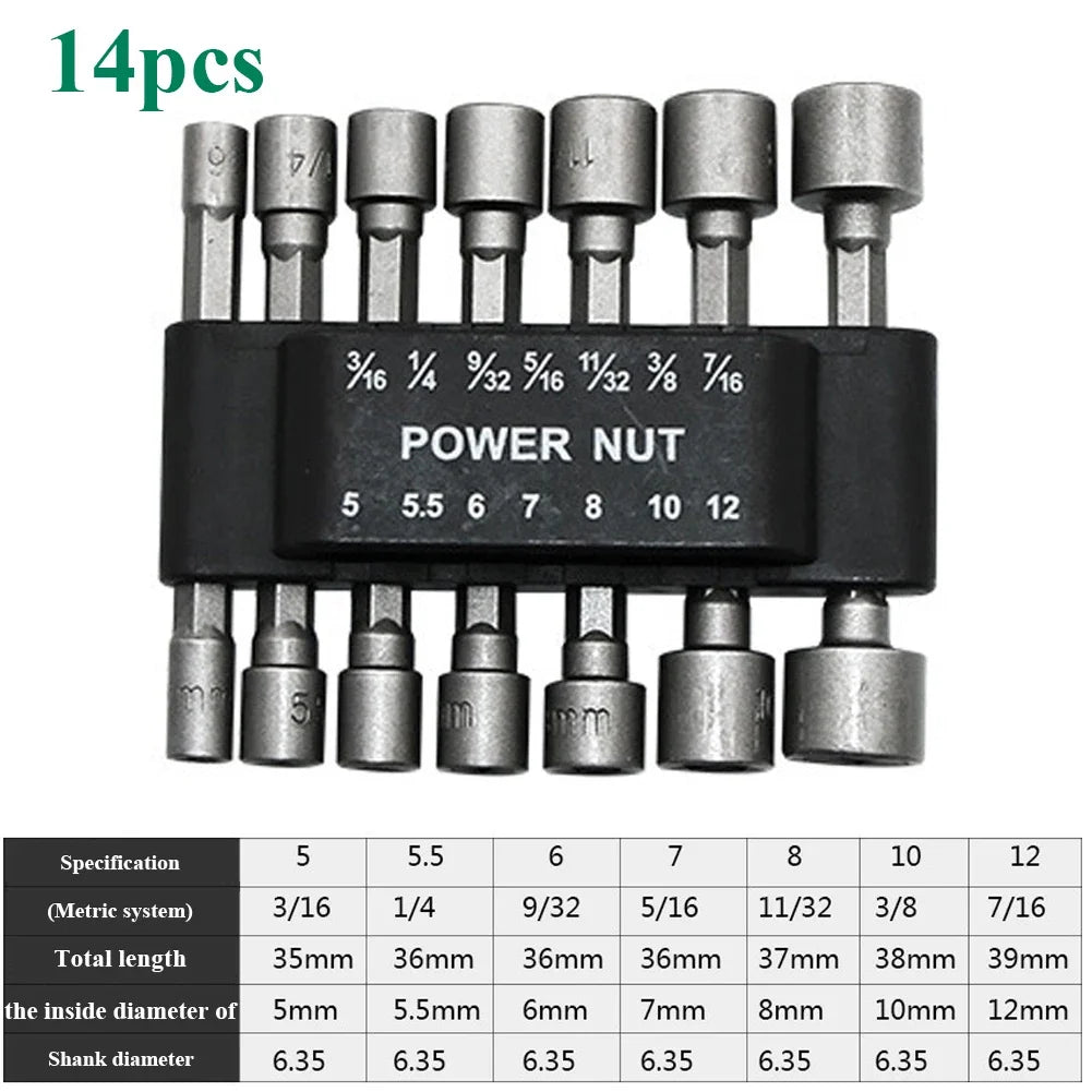 Hex Socket Nut Driver Bit Set – 9/14/23-Piece 5mm–13mm (0.19–0.51in) Sockets | 1/4" (6.35mm) Hex Shank for Power Drills & Screwdrivers