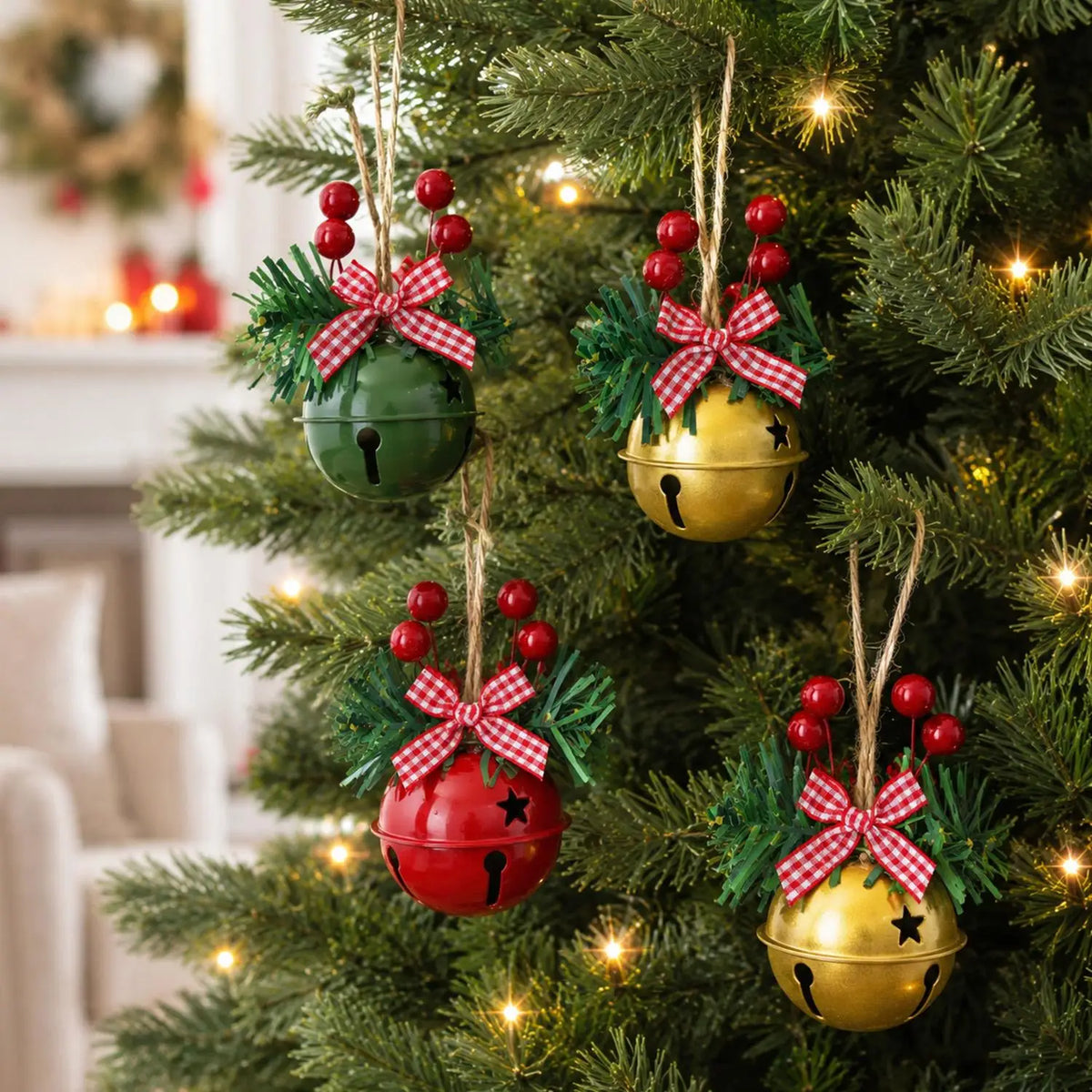 Metal Christmas Star Jingle Bell Ornaments with Red Berry Bow – Tree Decorations, Pack of 1/3/5/10/20