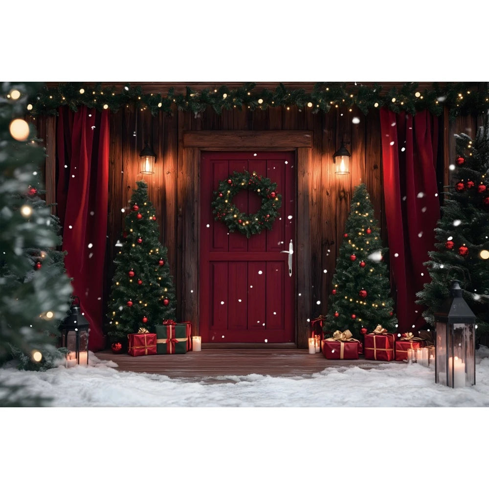 Christmas Photography Backdrop - Red Curtain & Window Scene with Snowy Bear and Gifts for Kids & Family Portraits