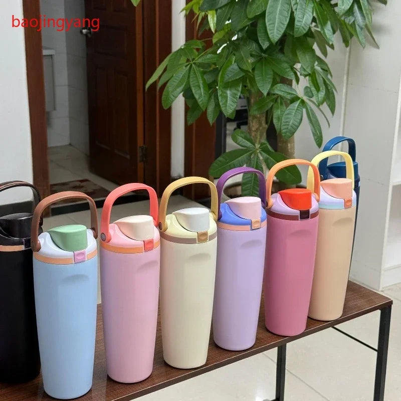 30oz (900ml) Macaron Color Insulated Water Bottle - 304 Stainless Steel Vacuum Flask with Handle, Leak-Proof Travel Thermos