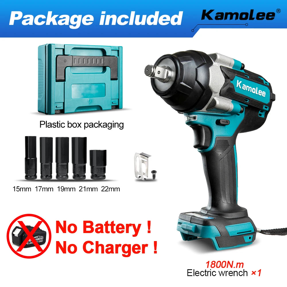 1800 N·m (≈1,328 ft·lb) Brushless Cordless Impact Wrench - 1/2 in (12.7 mm) Drive, High Torque, 18V/21V Battery Compatible