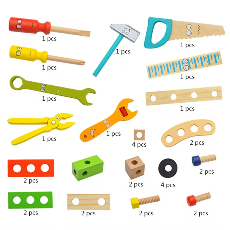Montessori Wooden & Plastic Kids Toolbox Set - Educational DIY Carpenter Pretend Play Tool Kit for Children