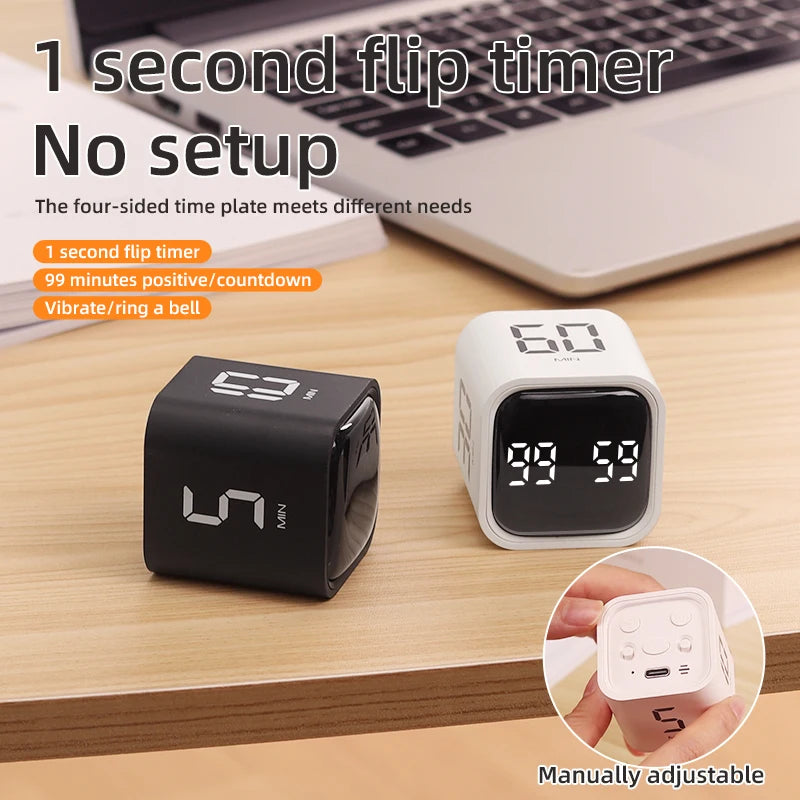Gravity Flip Digital Timer with Silent Vibration and Sound Alarm, Adjustable 5–60 Minute Countdown for Cooking, Study & Work
