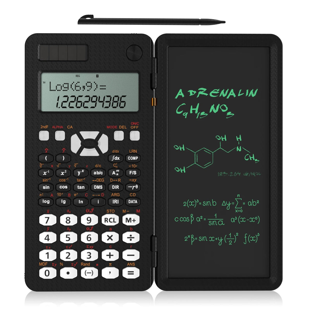 FanzyMarket scientific calculator with 6.5-inch writing tablet, solar and battery power, foldable design for students and office use.