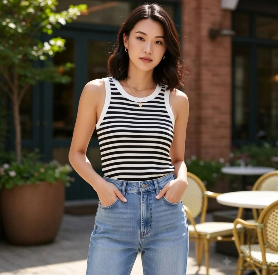 Ribbed Striped Women's Tank Top - Sleeveless Summer Top for Ladies