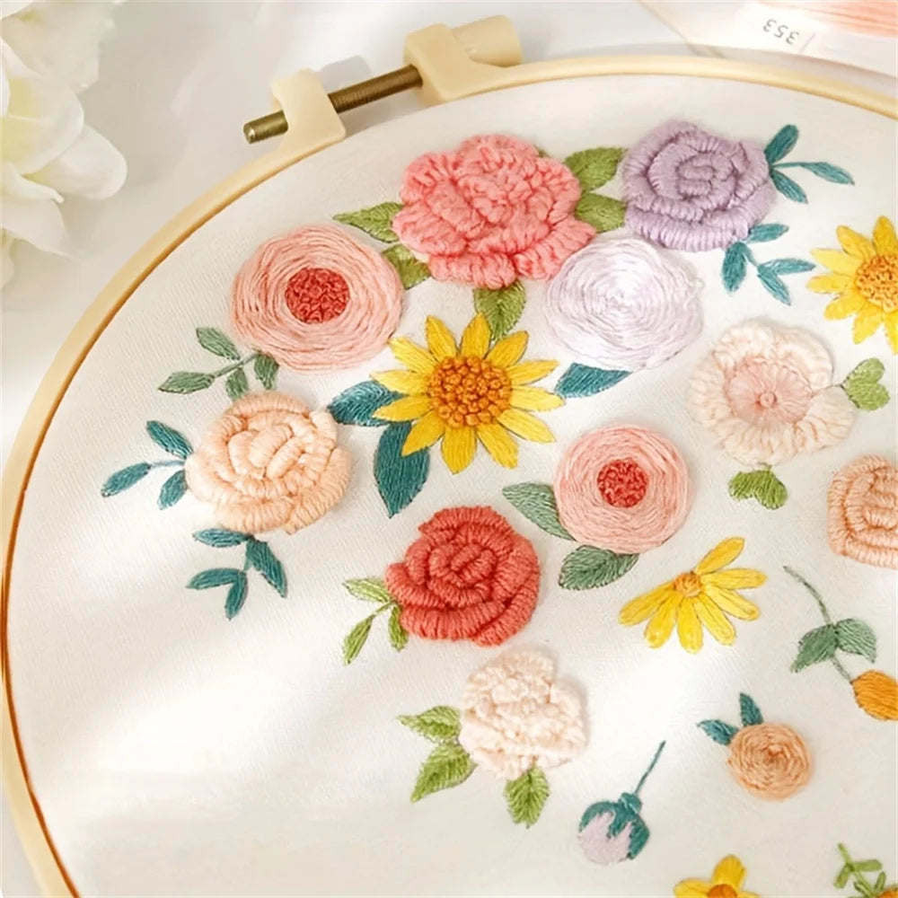 Floral Embroidery Starter Kit for Beginners 20 x 20 cm (7.87 x 7.87 in) DIY Sewing Craft Set with Hoop, Needles & Threads