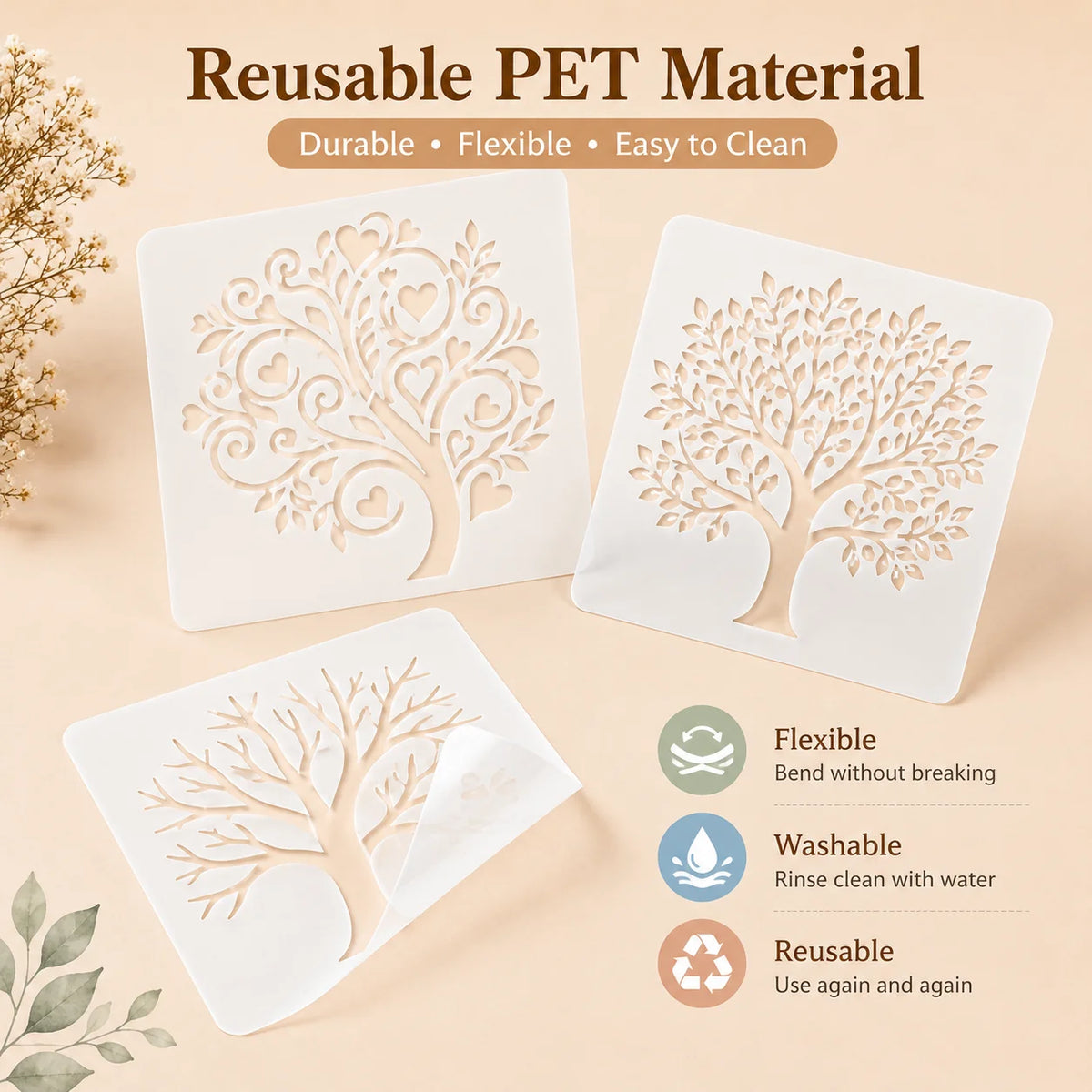 6-Pack 3.9 x 3.9 in (10 x 10 cm) Tree of Life Reusable PET Stencil Set, DIY Painting Craft Templates for Wall, Wood, Fabric