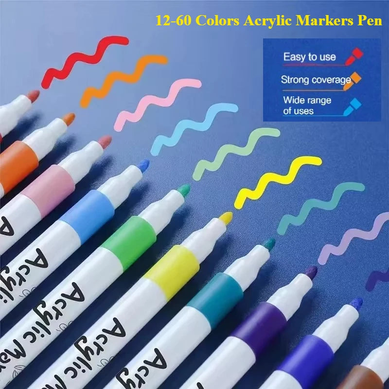 Acrylic Paint Marker Pens – 12/24/36/48/60 Color Sets in PVC Case | Quick-Dry Waterproof Soft Tip for Fabric, Ceramic, Glass, Wood, Stone