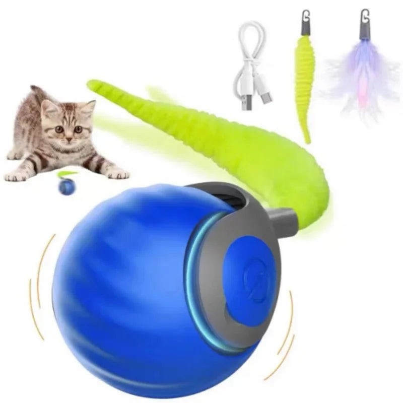 Interactive USB-C Rechargeable Rolling Cat Toy Ball 2.0 in (50 mm) with Replaceable Tail & Feather for Indoor Cats & Small Dogs