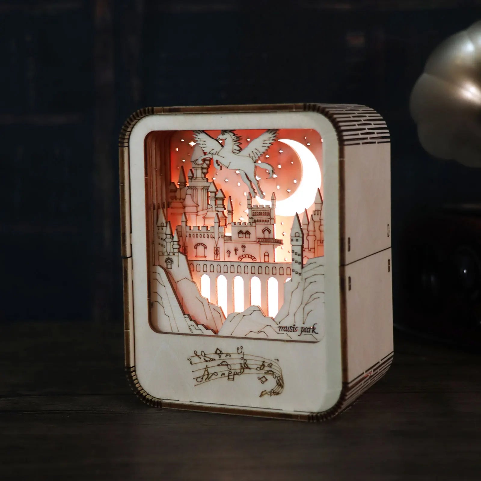 3D Wooden Castle Music Box Night Light DIY Model Kit – Handmade Puzzle Gift for Adults