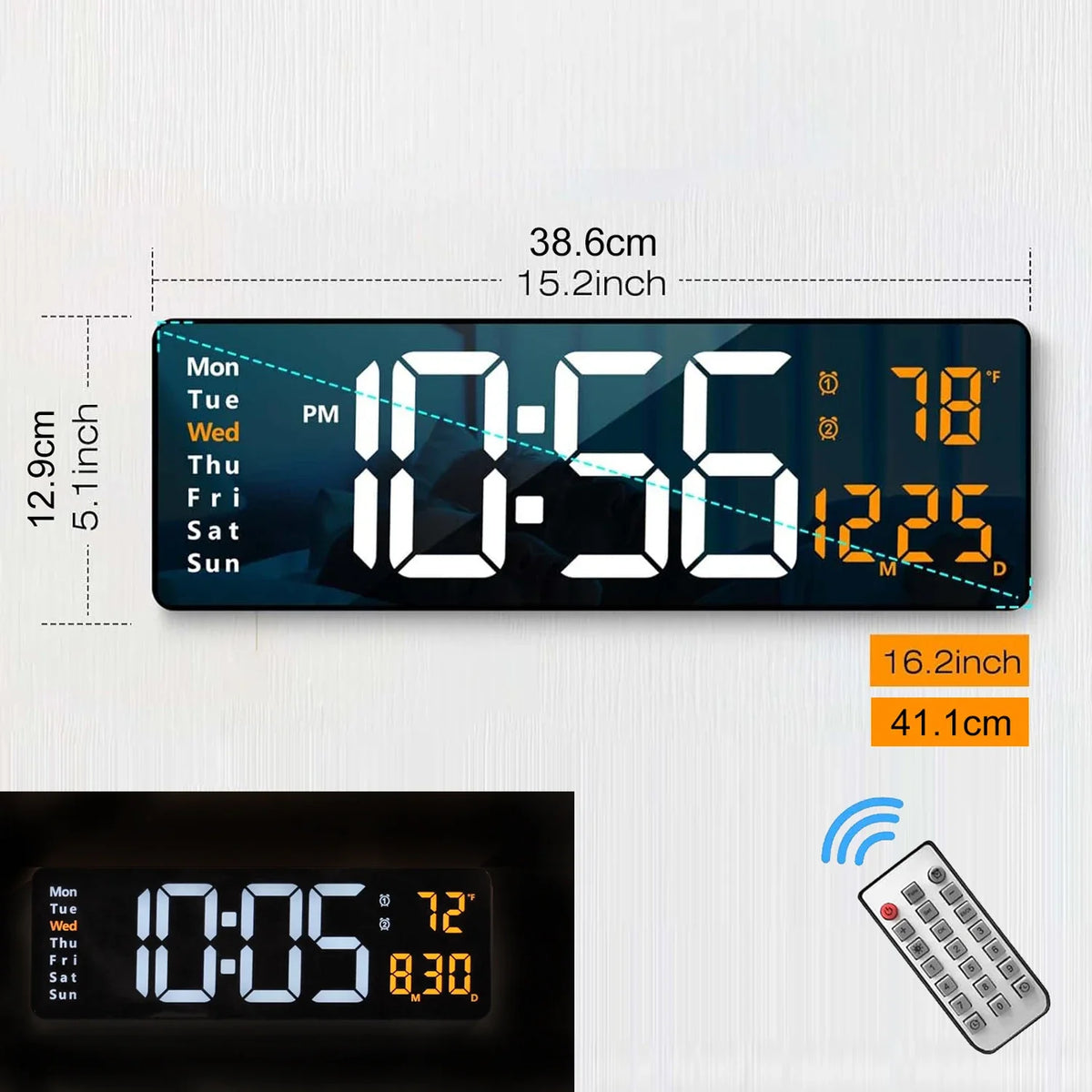 16.2 in (41 cm) Large LED Digital Wall Clock with Remote, Dual Alarm, RGB Night Light, Jumbo 4.5 in Digits