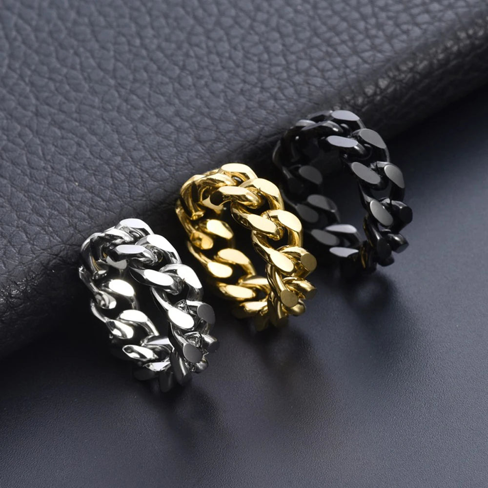 Men's Cuban Chain Ring – 316L Stainless Steel Gold-Plated Punk Minimalist Band, 8mm (0.31in) Wide, US Sizes 6–12