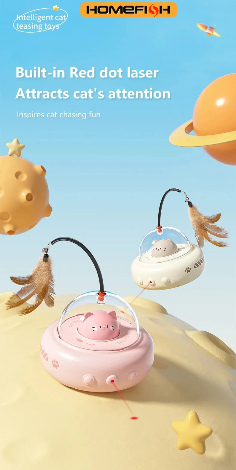Electric UFO Cat Teaser Wand with Replaceable Feather & Bell – Interactive Training & Laser Toy for Cats