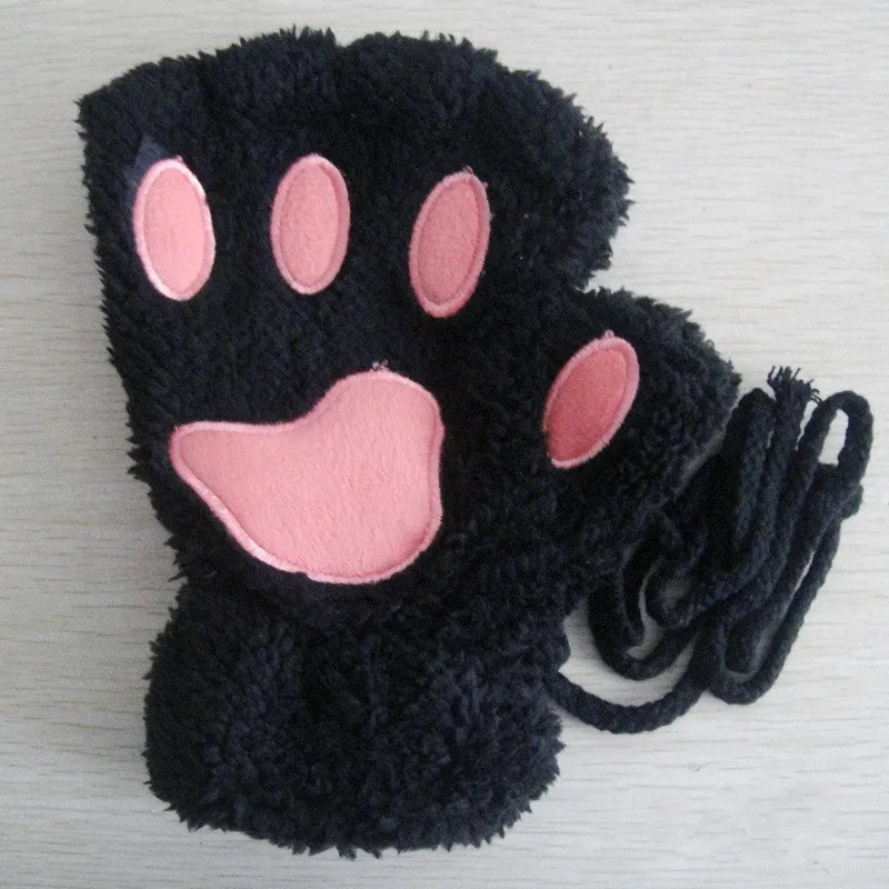 Cute Cat Paw Fingerless Mittens Plush Half-Finger Warm Fluffy Gloves for Women & Unisex
