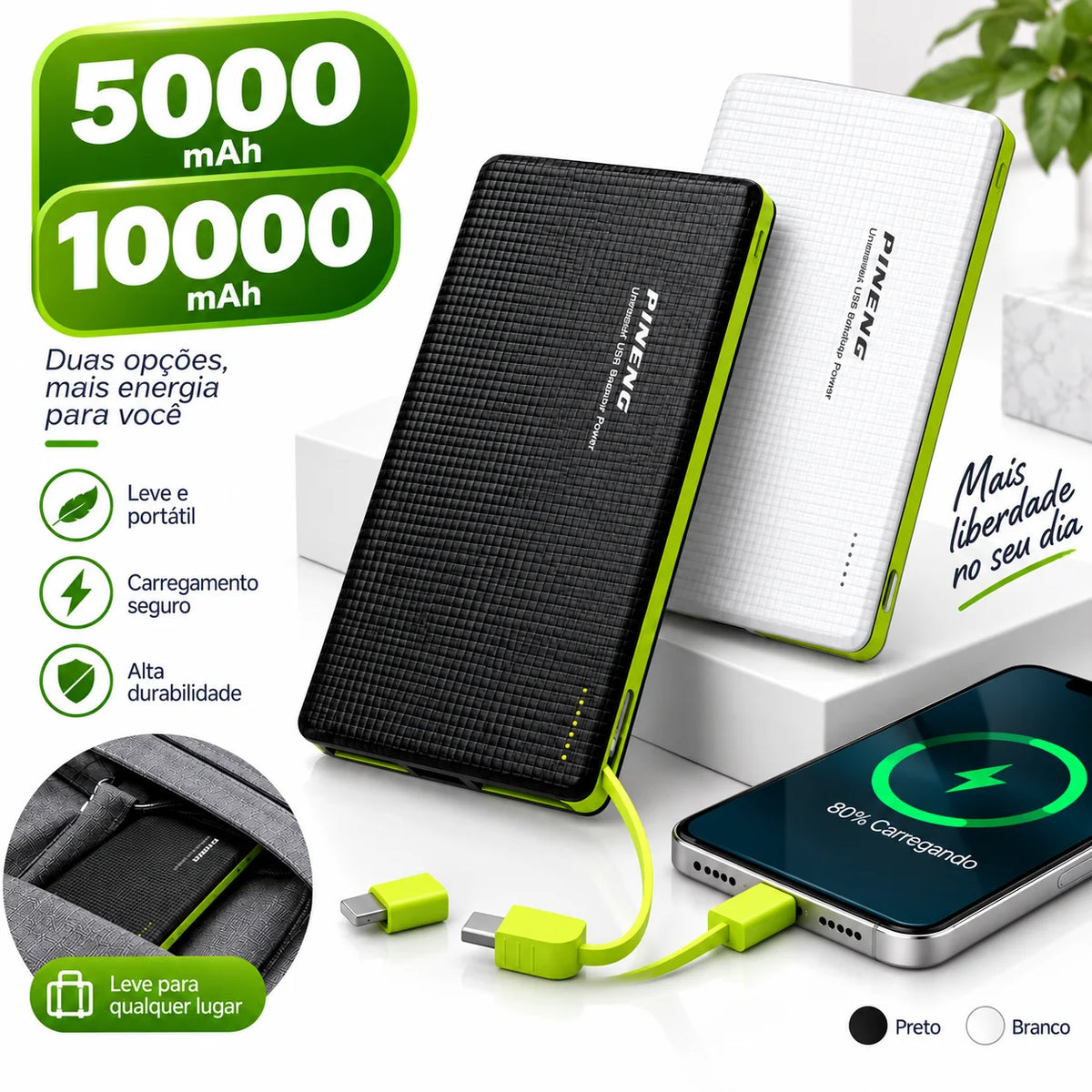 Portable Power Bank 5000mAh 10000mAh with V8 Cable, Lightning Adapter and Dual USB-C Fast Charging
