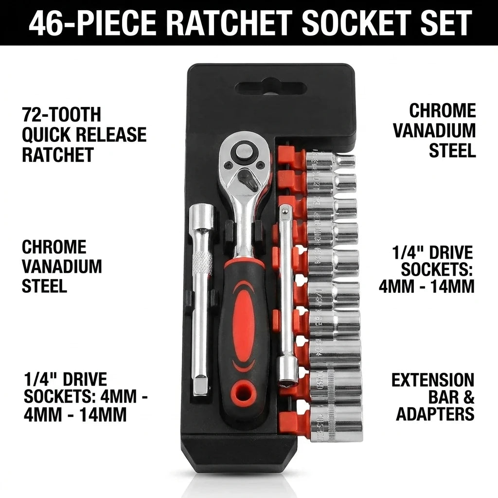 12-Piece 1/4-Inch (6.35mm) Drive Socket Ratchet Set 4mm-13mm Short Sockets with Extension Bar — Hand Tool Kit for Car, Motorcycle & Bicycle Repair