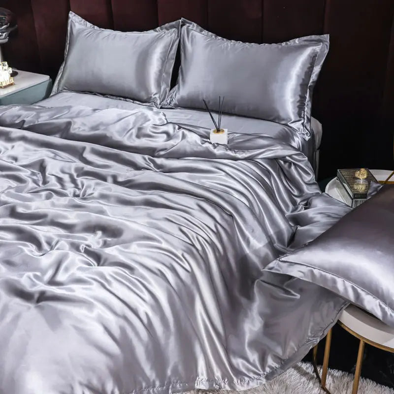 Ice Silk Satin 4-Piece Duvet Cover Set – Silky Solid Color Bedding (Duvet Cover + 2 Pillowcases + Sheet), Fits 1.5–2.2 m (5–7 ft) Beds