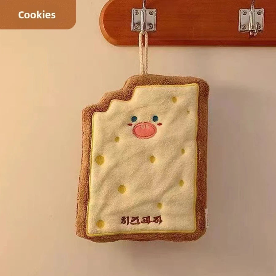 Cute Food-Shaped Coral Velvet Hand Towel — Absorbent Kitchen & Bathroom Cloth (Cheese Toast Cookie Donut)