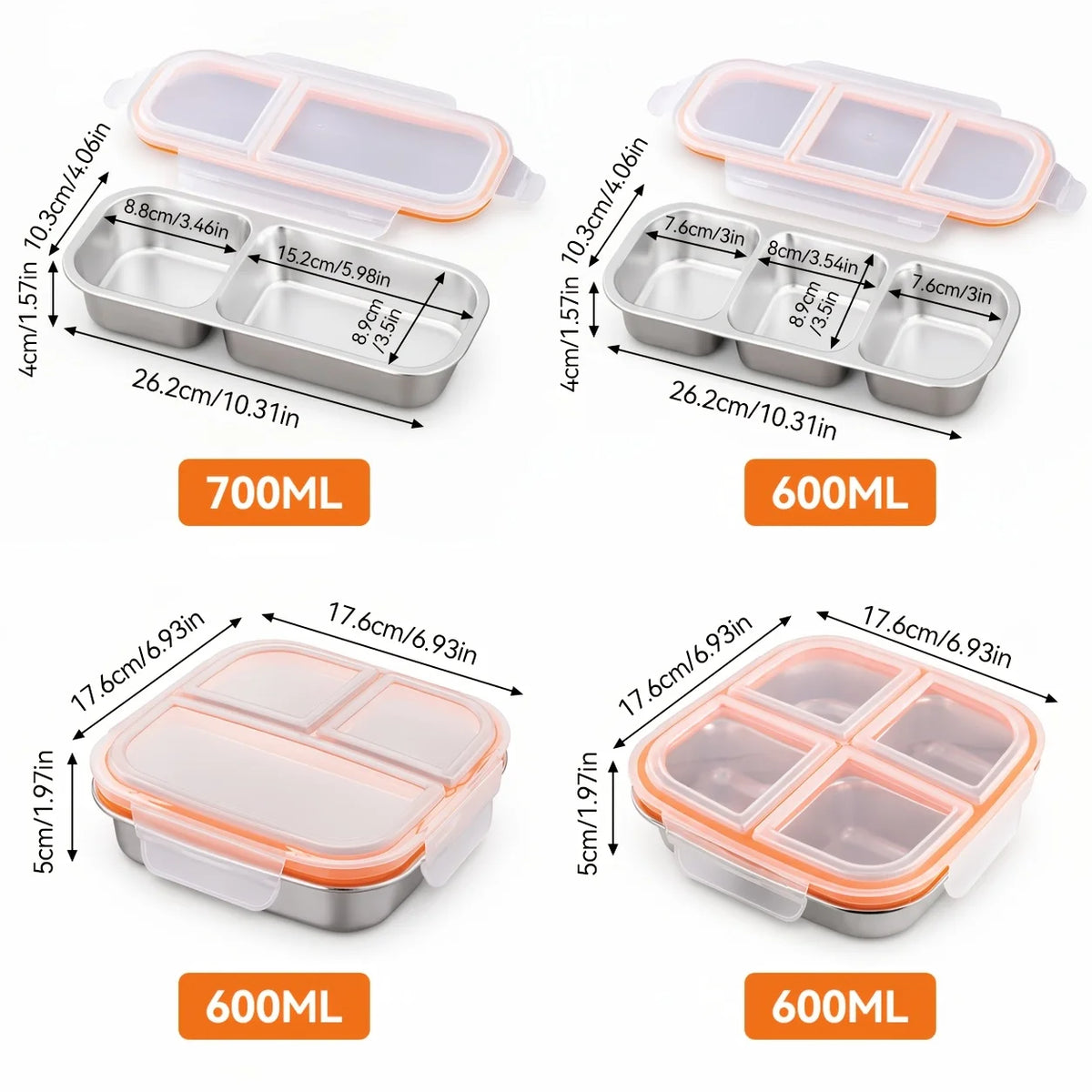 2/3/4-Compartment Stainless Steel Divided Lunch Box with Lid - Reusable Snack Container for School Office Camping Travel
