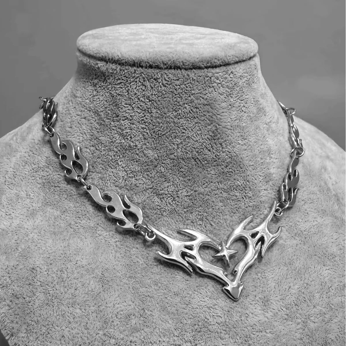 Flame Heart Cross Choker Necklace – Punk Gothic Barbed Wire Thorns Charm (Unisex, Y2K)