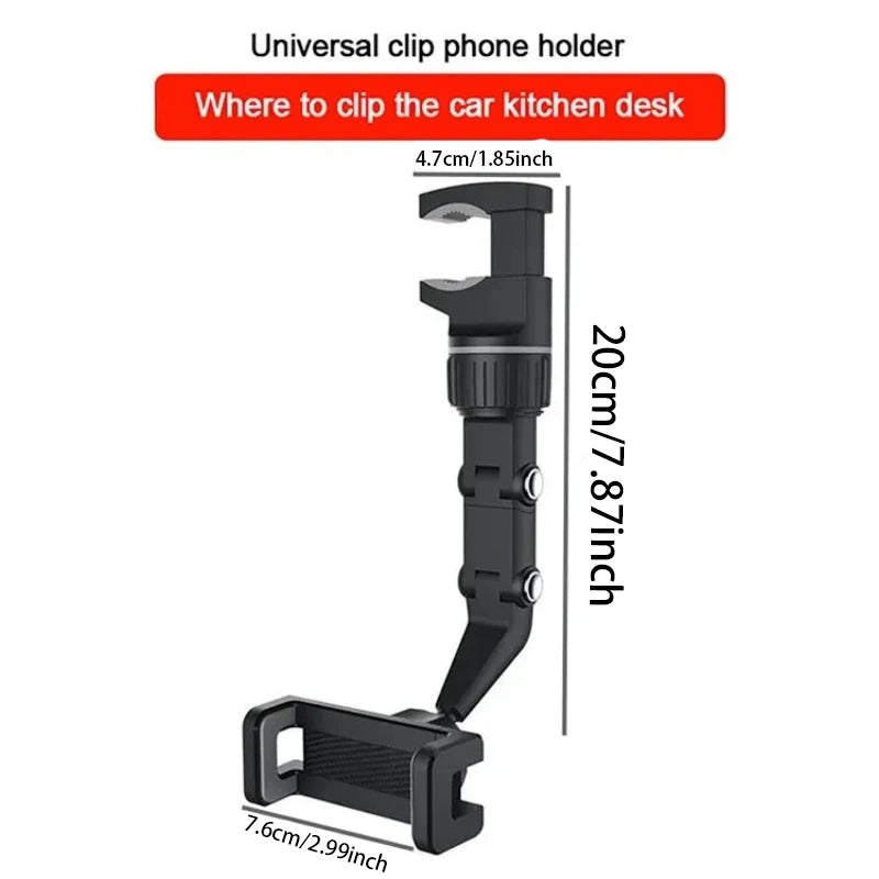 360° Rearview Mirror Car Phone Mount - Universal Clip Holder for Smartphones & GPS