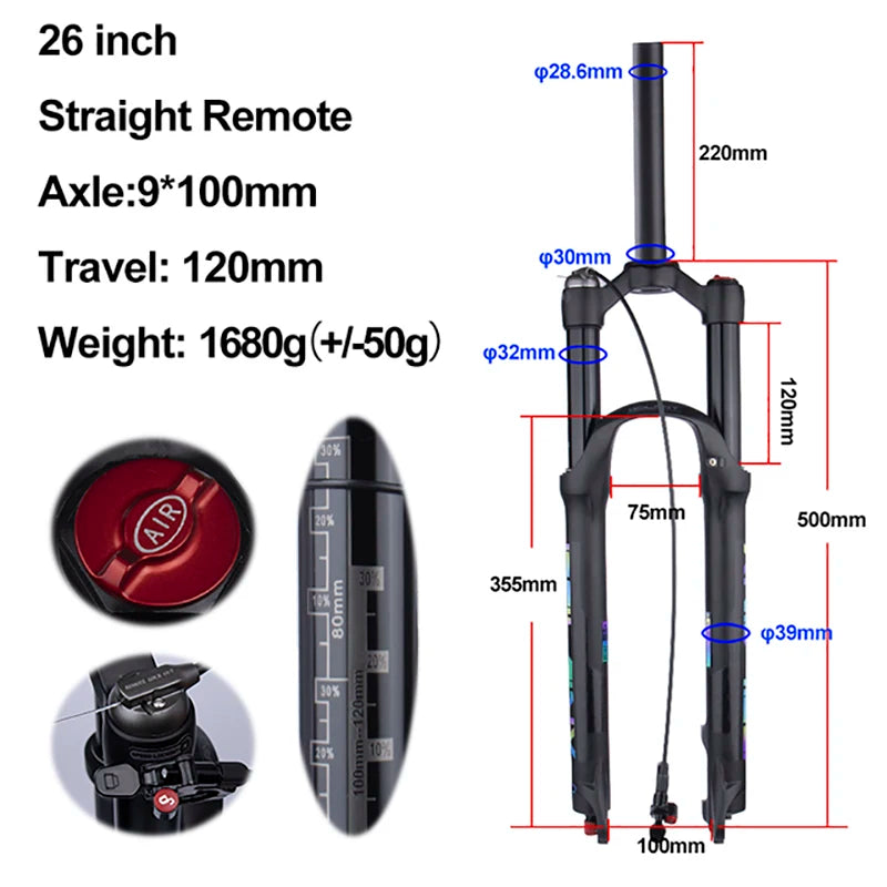 MTB Air Suspension Fork — 120mm Travel, Rebound Adjustable, 26/27.5/29 in, 9x100mm Quick Release, Disc Brake Compatible