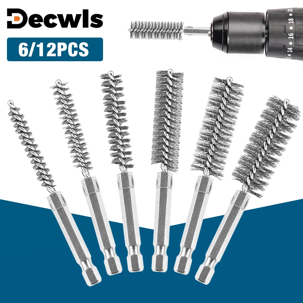 6/12-Pack Stainless Steel Drill Wire Brush Set — 1/4 in (6.35 mm) Hex Shank, 8/10/12/15/17/19 mm Bore Cleaning & Rust Removal