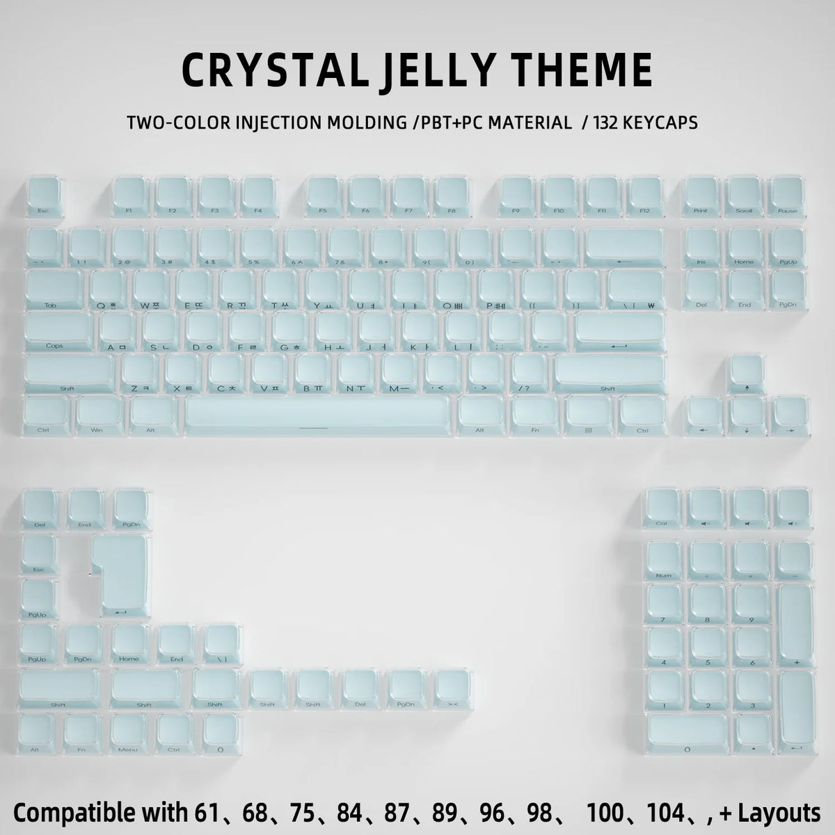 Crystal Jelly Keycap Set — Korean & English Side/Front Printed for Mechanical Keyboards | Pink, White & Blue — Fits 60%, 75%, 80%, 100% and Common Layouts