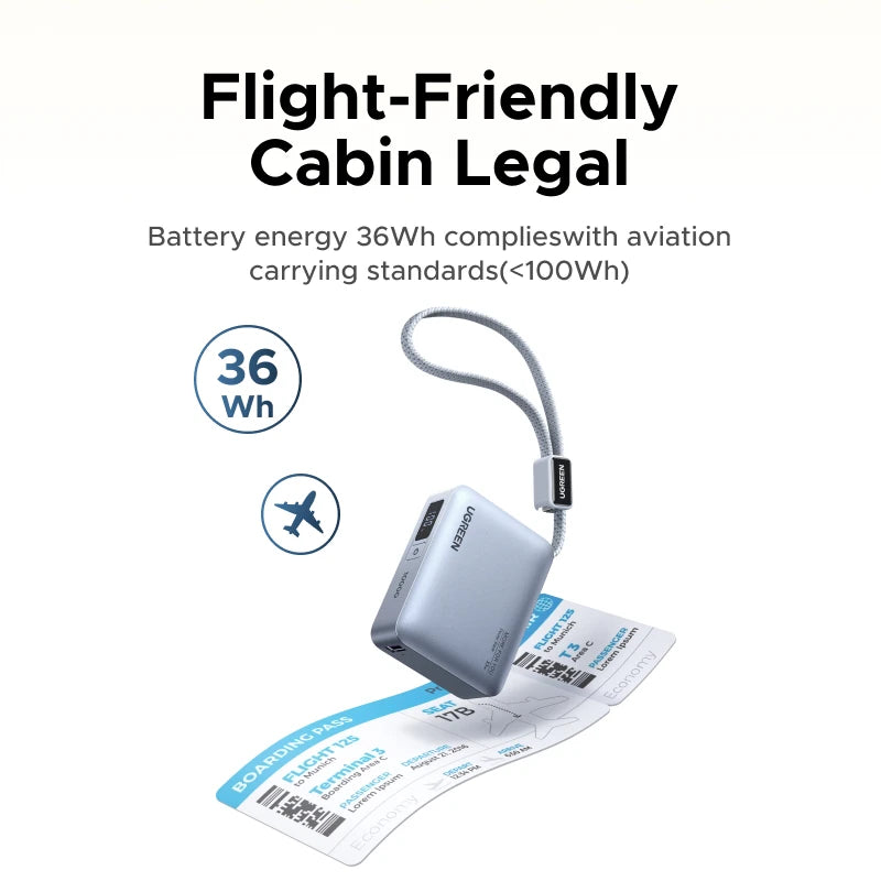 Mini 33W 10000mAh Power Bank with Built-in USB-C Cable — PD 30W Fast Charge Portable External Battery (Flight-Friendly, LED Display)
