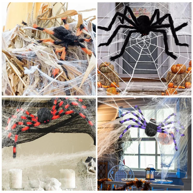 Giant Round Spider Web (150–250 cm / 59–98 in) with Large Hairy Fake Spider – Halloween Yard & Door Scare Prop