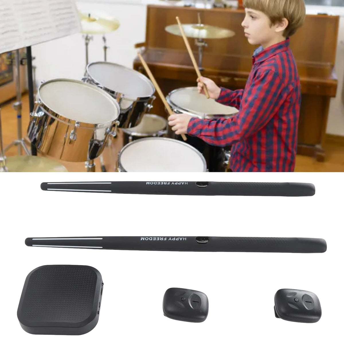 Portable VR air drum set with motion-sensing drumsticks and foot pedals