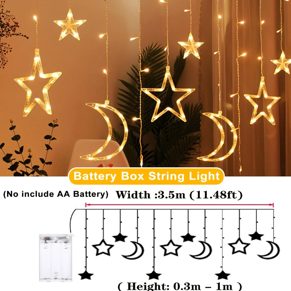 3.5m (11.5 ft) Star & Moon Curtain String Lights Battery-Powered LED Garland for Christmas Ramadan Bedroom New Year Decor