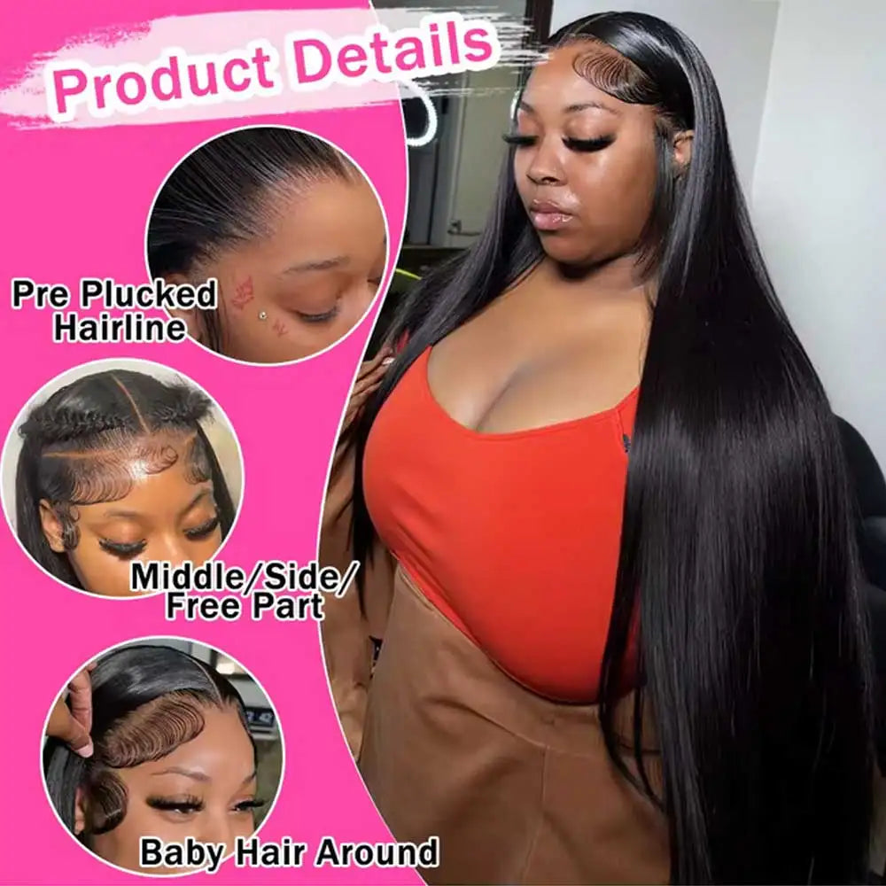 40–42 in (102–107 cm) Bone Straight Human Hair Wig, 13x4 & 13x6 HD Lace Frontal, Glueless Remy Brazilian