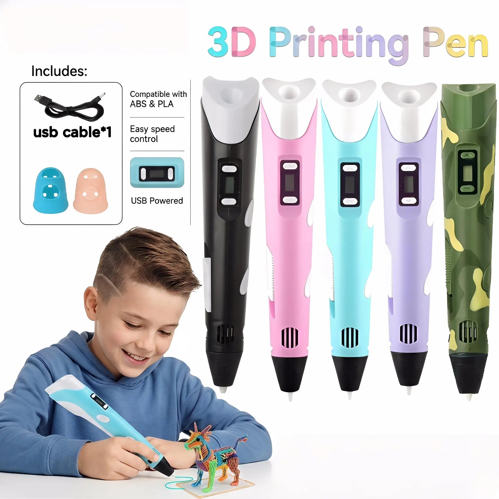 3D Printing Pen with LED Display – PLA 1.75mm Compatible, Adjustable Temp & Speed, USB 5V/2A Kids DIY Art Tool