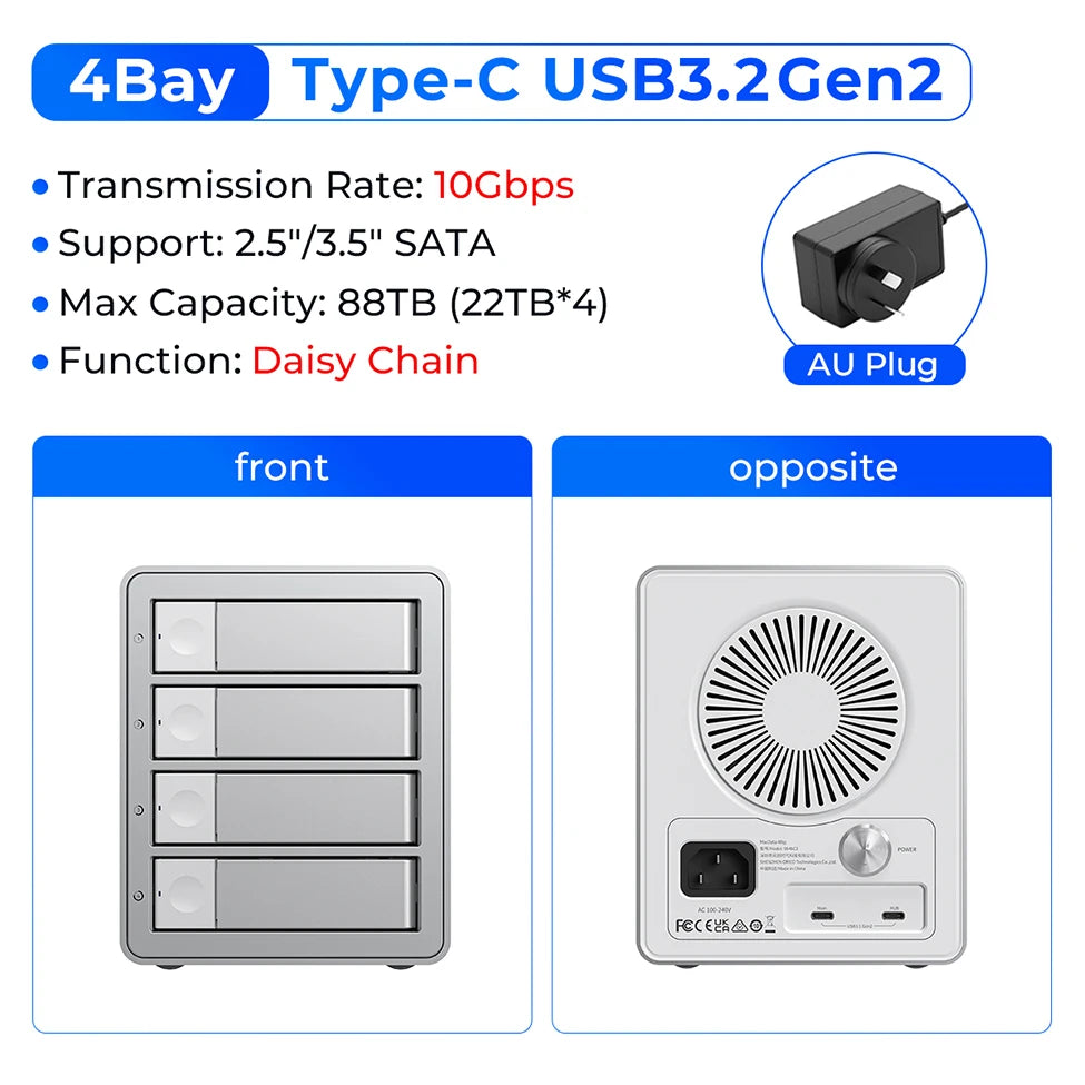 5-Bay 10Gbps SATA HDD & SSD Docking Station, 2.5"/3.5" USB 3.2 Gen2 Type-C Enclosure with Daisy Chain & 150W Power