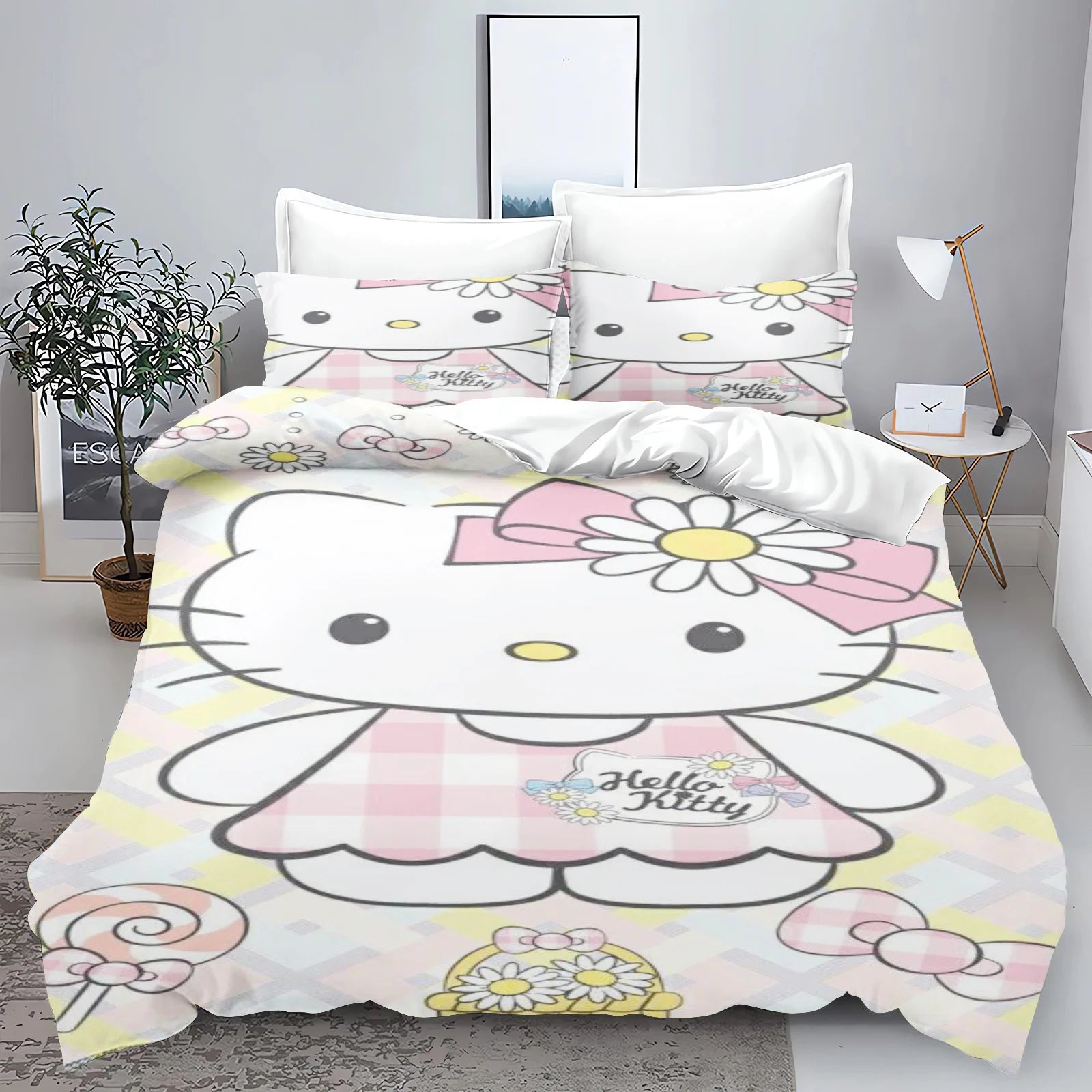 Hello Kitty Kids Bedding Set – 3-Piece Quilt Cover & 2 Pillowcases, 100% Polyester, Printed Cartoon, Multiple Sizes (Twin to King)