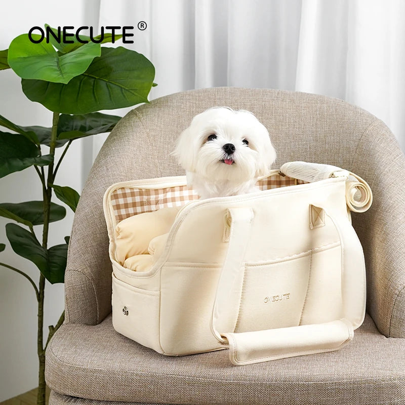 FanzyMarket portable cotton pet sling carrier for small dogs and cats, shown in medium size with shoulder strap and soft fabric.