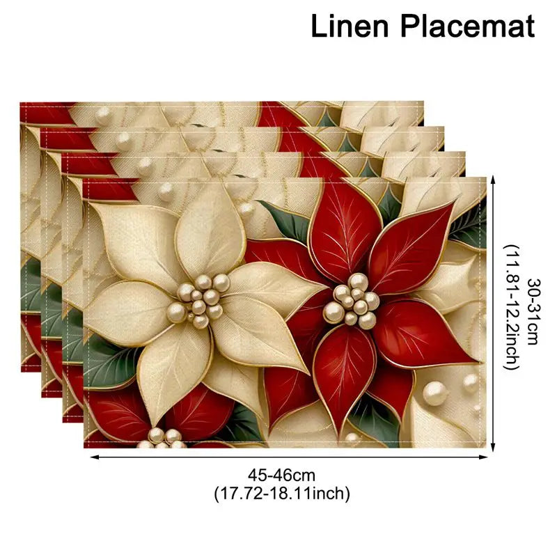 Linen Christmas Tree Placemats – Holiday Rectangle Table Mats for Kitchen & Dining, Navidad Noel
