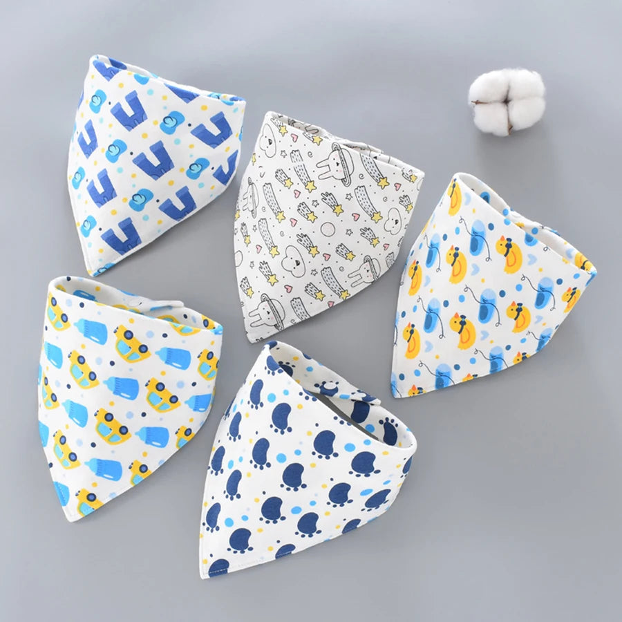5-Pack Cotton Bandana Bibs – Waterproof Absorbent Baby Triangle Scarves, Cartoon Unisex Bibs