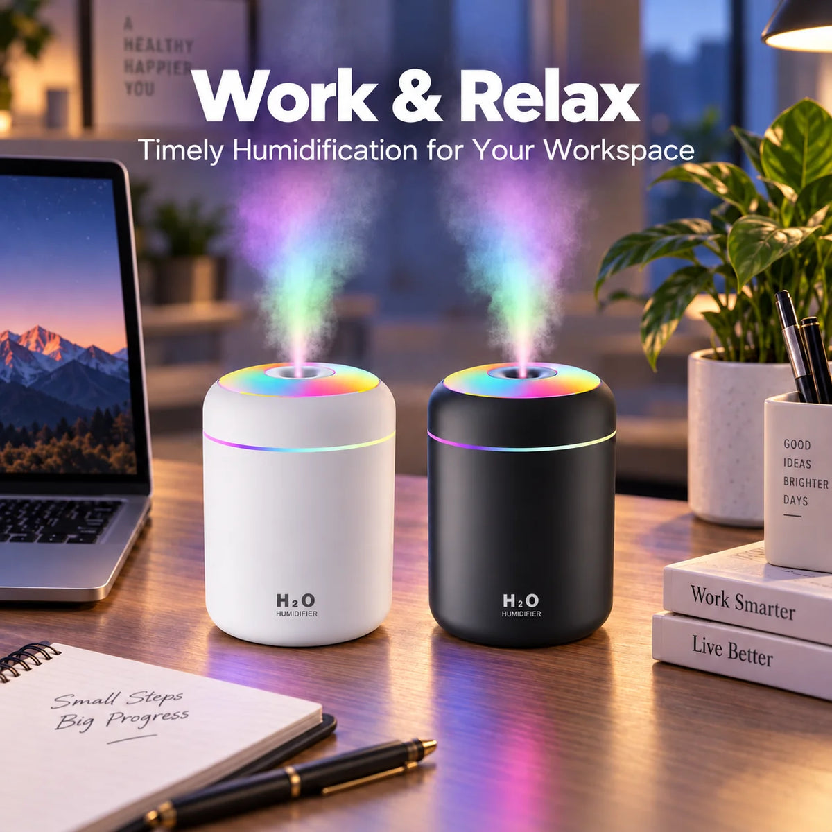 Mini USB Humidifier and Aroma Diffuser - Ultrasonic Cool Mist Portable with LED Light for Home, Bedroom, Car, Office, Desktop