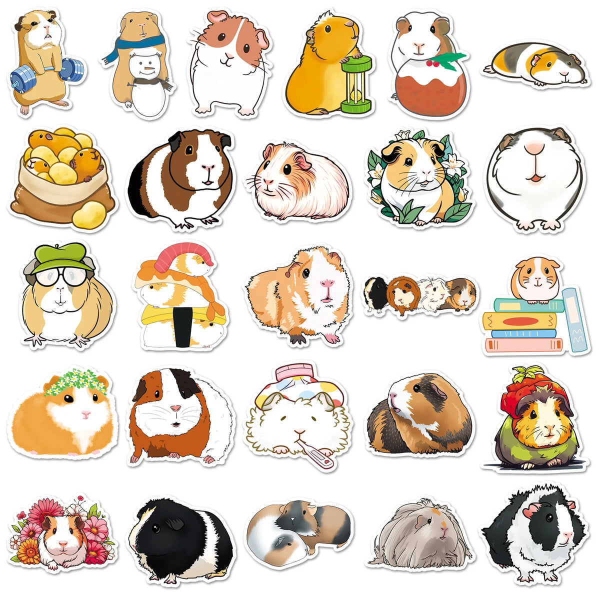 50-Pack Cute Kawaii Guinea Pig Stickers, Waterproof Cartoon Decals for Phone, Laptop & Scrapbook